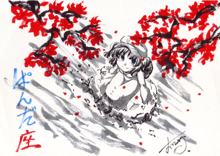 kawashiro nitori, touhou, 1girl, autumn leaves, blue eyes, blush, branch, dress, female focus, flat cap, from above, hat, leaf, long sleeves, looking up, monochrome, solo, spot color, tree, two side up, water, white background