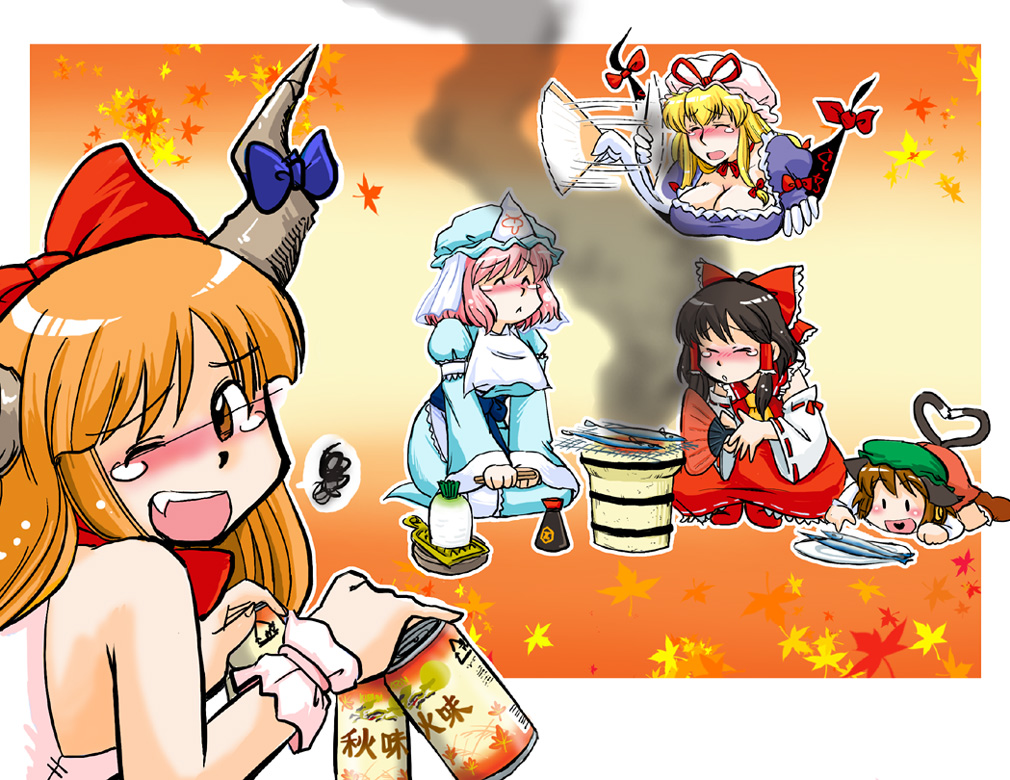 azuki osamitsu, chen, ibuki suika, saigyouji yuyuko, yakumo yukari, touhou, 5girls, :<, alcohol, animal ears, beer, black hair, blonde hair, blush, breasts, brown hair, cat ears, cat girl, cat tail, chibi, cleavage, cooking, earrings, fang, female focus, fish, food, gap (touhou), grill, grilling, hand fan, hat, heart, heart tail, horns, jewelry, large breasts, multiple girls, multiple tails, one eye closed, orange hair, paper fan, pink hair, ribbon, saury, shichirin, smoke, soy sauce, tail, uchiwa, wink