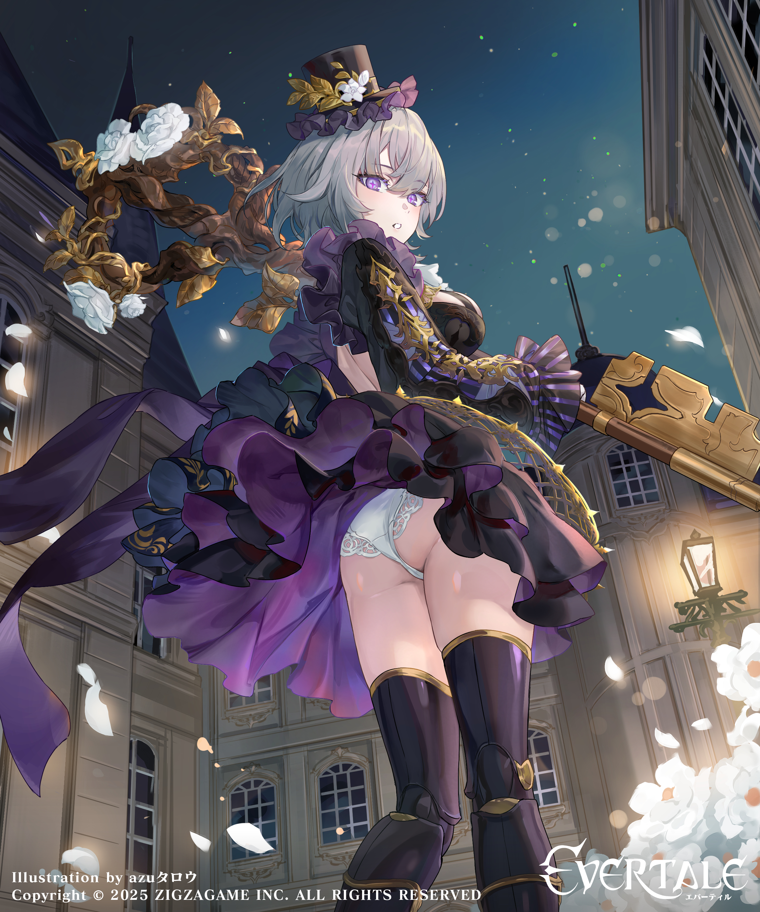 azu-taro, evertale, original, absurdres, highres, official art, ass, breasts, doll joints, flower, gothic lolita, hat, joints, key, lolita fashion, looking at viewer, looking back, medium breasts, panties, skirt, underwear, white panties