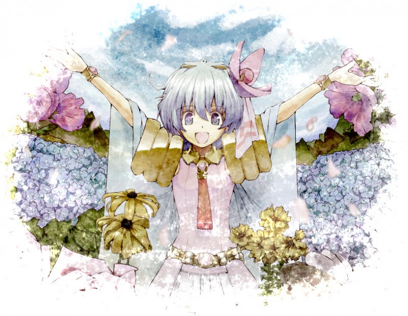 nia teppelin, tengen toppa gurren lagann, 00s, 1girl, belt, bracelet, cape, dress, female focus, flower, hair flower, hair ornament, hydrangea, jewelry, multicolored hair, necktie, open mouth, outstretched arms, pink dress, pink skirt, skirt, sky, sleeveless, solo, spread arms