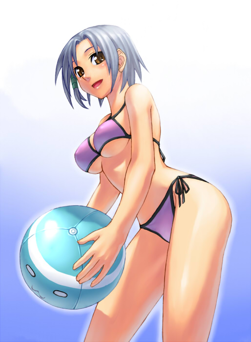misao (kami no misoshiru), kasuga tsuzune, aq interactive, arcana heart, arcana heart 2, atlus, examu, silver hair, 1girl, ball, beachball, bikini, breasts, brown eyes, female focus, medium breasts, purple bikini, short hair, side-tie bikini bottom, solo, swimsuit, underboob
