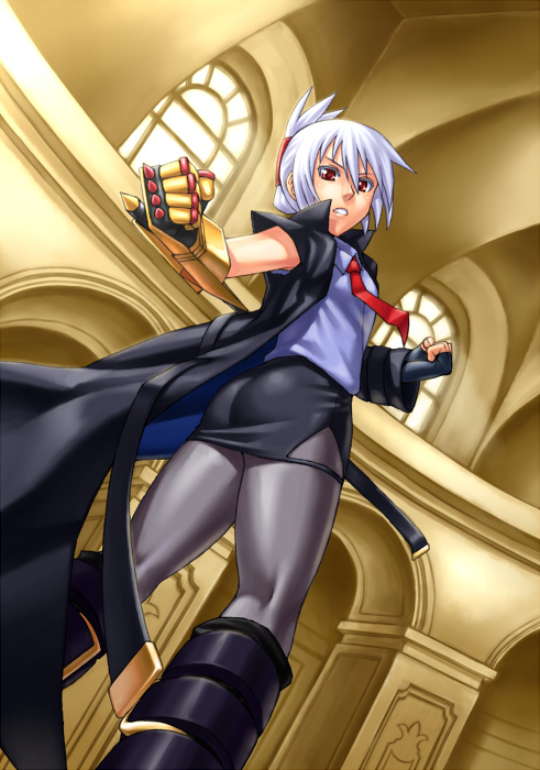 misao (kami no misoshiru), zenia valov, aq interactive, arcana heart, arcana heart 2, atlus, examu, 1girl, angry, ass, back, boots, clenched hand, clenched hands, coat, eyeshadow, female focus, fingerless gloves, flat chest, folded ponytail, from behind, gauntlets, gloves, hair ornament, hair up, hairclip, knee boots, kneepits, looking back, makeup, miniskirt, necktie, pantyhose, pencil skirt, pile bunker, red eyes, short hair, skirt, solo, trench coat, weapon, white hair, window