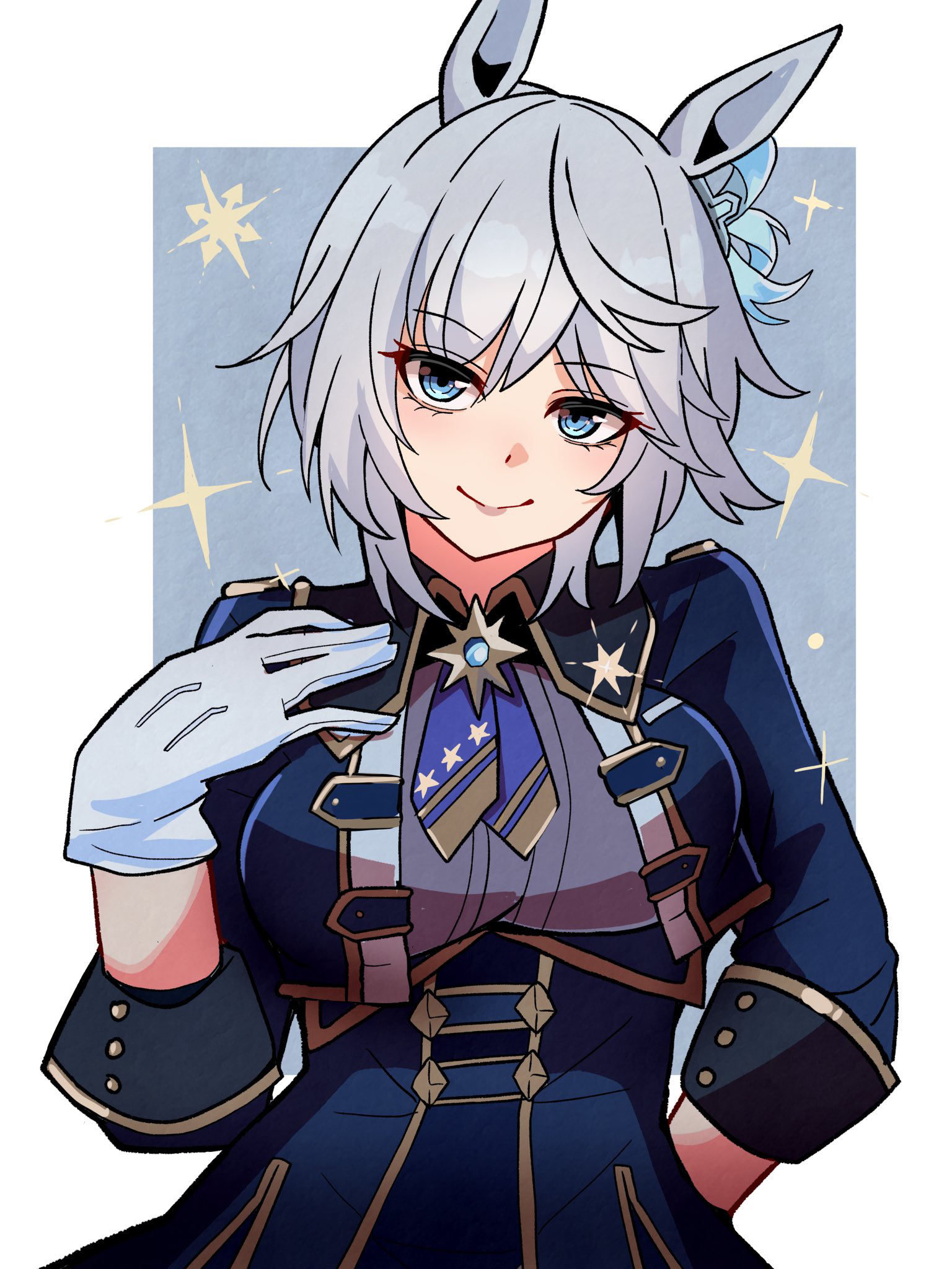 kawamochi (tddm3573), agnes tachyon (umamusume), anastasia (idolmaster), uesaka sumire, idolmaster, idolmaster cinderella girls, umamusume, highres, 1girl, animal ears, blue eyes, blue jacket, blue skirt, border, borrowed hairstyle, breasts, closed mouth, gloves, grey background, grey gloves, grey hair, grey shirt, hair between eyes, hand up, high-waist skirt, horse ears, jacket, kemonomimi mode, large breasts, long sleeves, open clothes, open jacket, shirt, short hair, skirt, smile, solo, voice actor connection, white border, wolf cut