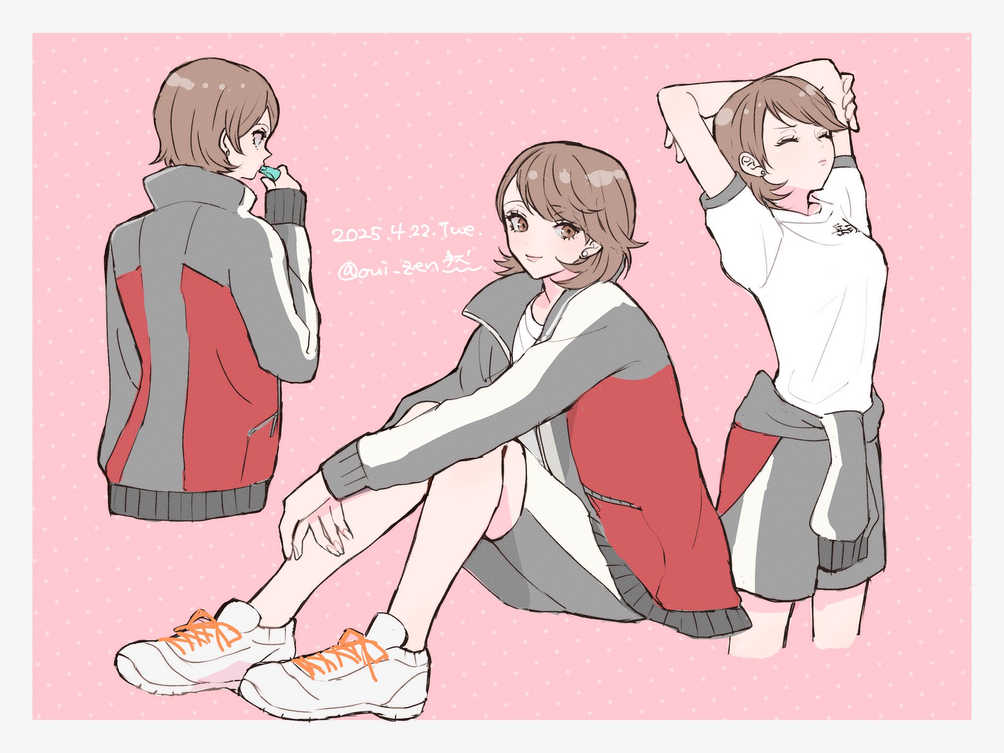 oui zen, takeba yukari, persona, persona 3, commentary request, highres, 1girl, alternate costume, arms up, border, brown eyes, brown hair, closed mouth, clothes around waist, cowboy shot, cropped legs, cropped torso, dated, flipped hair, full body, gekkoukan high school uniform, grey jacket, grey shorts, jacket, jacket around waist, knees up, long sleeves, looking at viewer, multiple views, pink background, school uniform, shirt, short hair, short sleeves, shorts, sitting, smile, sportswear, stretching, track jacket, twitter username, upper body, whistle, white shirt