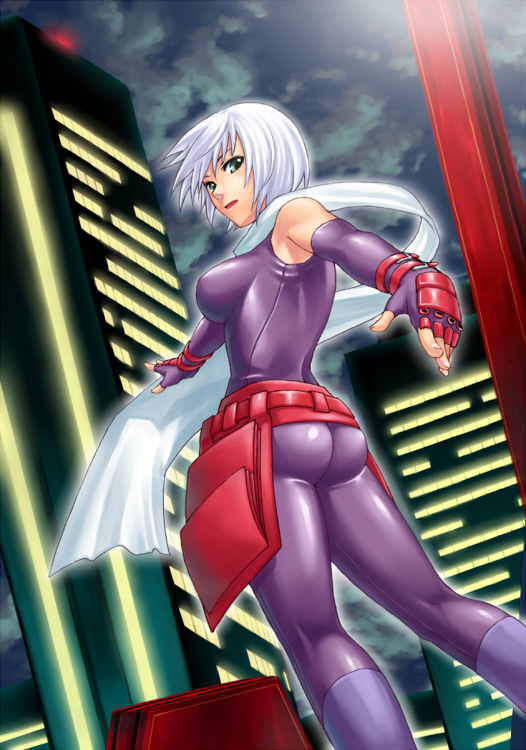 misao (kami no misoshiru), sheryl (rumble fish), rumble fish 2, the rumble fish, lights, 1girl, :o, ass, back, bare shoulders, belt, belt pouch, blue boots, bodysuit, boots, breasts, buckle, building, city, cloud, cloudy sky, dutch angle, elbow gloves, female focus, fingerless gloves, foreshortening, from side, gloves, green eyes, halterneck, knee boots, kneepits, large breasts, legs apart, looking at viewer, looking back, night, night sky, ninja, open mouth, outdoors, outline, outstretched arms, pouch, purple bodysuit, purple gloves, scarf, shiny clothes, short hair, skin tight, sky, skyscraper, solo, spread arms, standing, unitard, white hair, white scarf