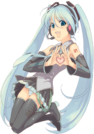 takei ooki, hatsune miku, vocaloid, 1girl, aqua hair, detached sleeves, female focus, four-finger heart hands, heart, heart hands, heart in heart hands, long hair, panties, solo, striped clothes, striped panties, thighhighs, twintails, underwear, very long hair