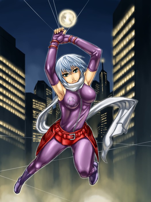 misao (kami no misoshiru), sheryl (rumble fish), rumble fish 2, the rumble fish, lights, 1girl, armpits, arms up, bare shoulders, belt, belt pouch, bodysuit, boots, breasts, breasts apart, building, city, closed mouth, elbow gloves, emblem, female focus, fingerless gloves, full body, full moon, gloves, green eyes, hair between eyes, halterneck, hanging, head tilt, holding, holding weapon, leaning forward, leg lift, legs apart, medium breasts, moon, night, night sky, ninja, outdoors, outline, own hands together, pouch, purple bodysuit, purple boots, purple gloves, scarf, serious, shiny clothes, short hair, skin tight, sky, skyscraper, solo, unitard, weapon, white hair, white scarf, wire