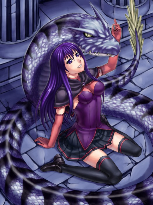 misao (kami no misoshiru), malariya, quiz magic academy, cape, elbow gloves, gloves, long hair, purple eyes, purple hair, sitting, skirt, solo, thighhighs, zettai ryouiki