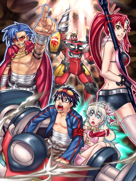 misao (kami no misoshiru), gurren-lagann, kamina (ttgl), lagann, nia teppelin, simon (ttgl), yoko littner, tengen toppa gurren lagann, 00s, 2boys, 2girls, gun, kamina shades, multiple boys, multiple girls, pointing, ponytail, rifle, thighhighs, triangular eyewear, weapon