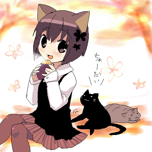hamamo, original, lowres, animal ears, cat, cat ears, eating, food, oekaki, pantyhose, solo, sweet potato