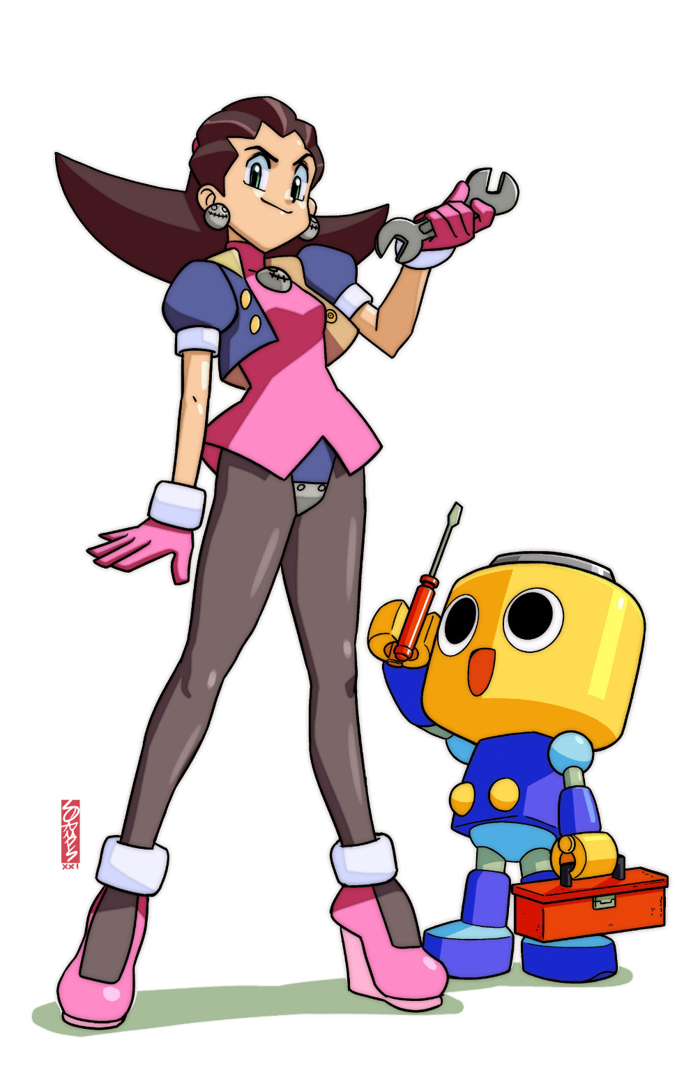 ryan jampole, servbot (mega man), tron bonne (mega man), mega man (series), mega man legends (series), highres, 1girl, blue jacket, brown hair, cropped jacket, crotch plate, dress, earrings, full body, green eyes, high heels, holding, jacket, jewelry, looking at viewer, medium hair, open clothes, open jacket, pantyhose, pink dress, screwdriver, simple background, solo focus, toolbox, white background, wrench