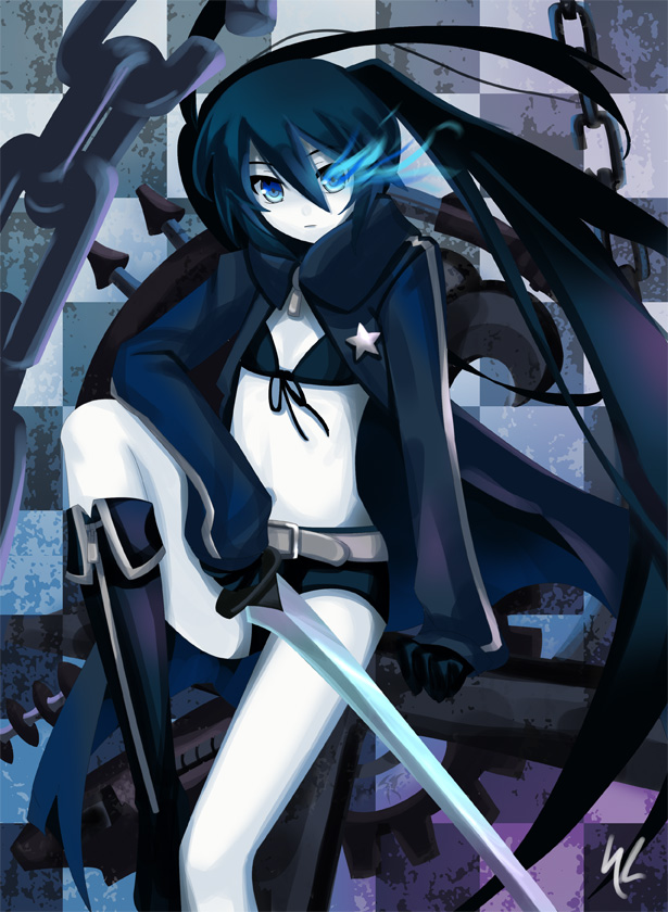 kaizeru, black rock shooter (character), black rock shooter, 10s, 1girl, belt, bikini, bikini top only, black hair, blue eyes, boots, broken, broken chain, cape, chain, checkered background, female focus, flat chest, jacket, long hair, navel, open clothes, open jacket, shorts, solo, swimsuit, sword, twintails, weapon
