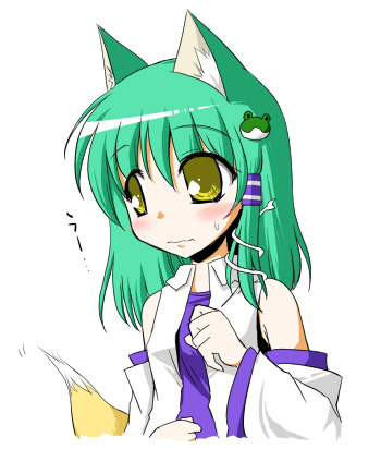 harunatsu akito, kochiya sanae, touhou, lowres, 1girl, animal ears, blush, cat ears, cat girl, cat tail, female focus, fox tail, green hair, japanese clothes, kemonomimi mode, miko, simple background, solo, sweat, tail, wavy mouth, yellow eyes