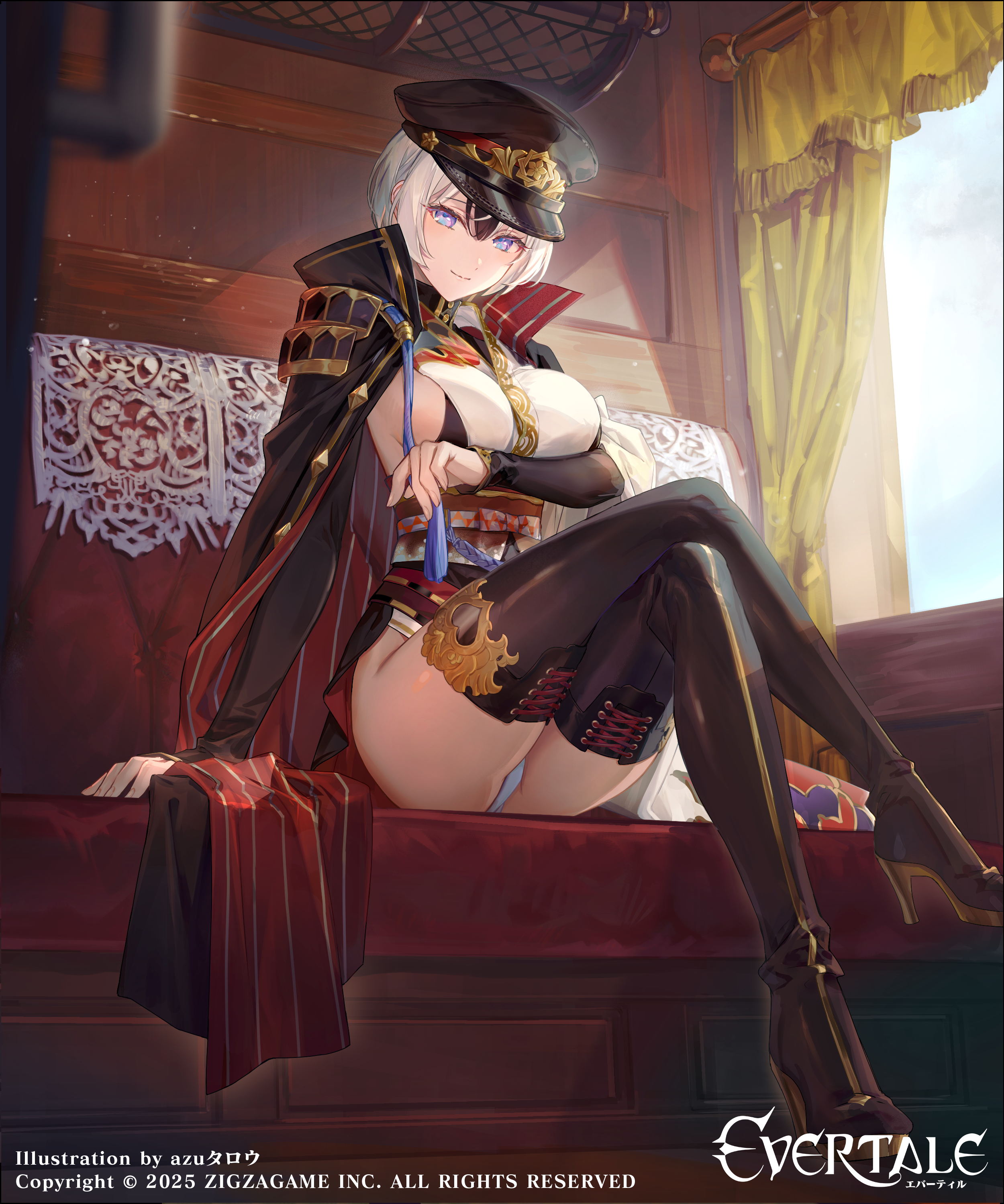 azu-taro, evertale, original, absurdres, highres, official art, black hair, blue eyes, boots, breasts, cape, couch, hat, looking at viewer, medium breasts, military hat, miniskirt, multicolored hair, panties, sitting, skirt, smile, underwear, white panties