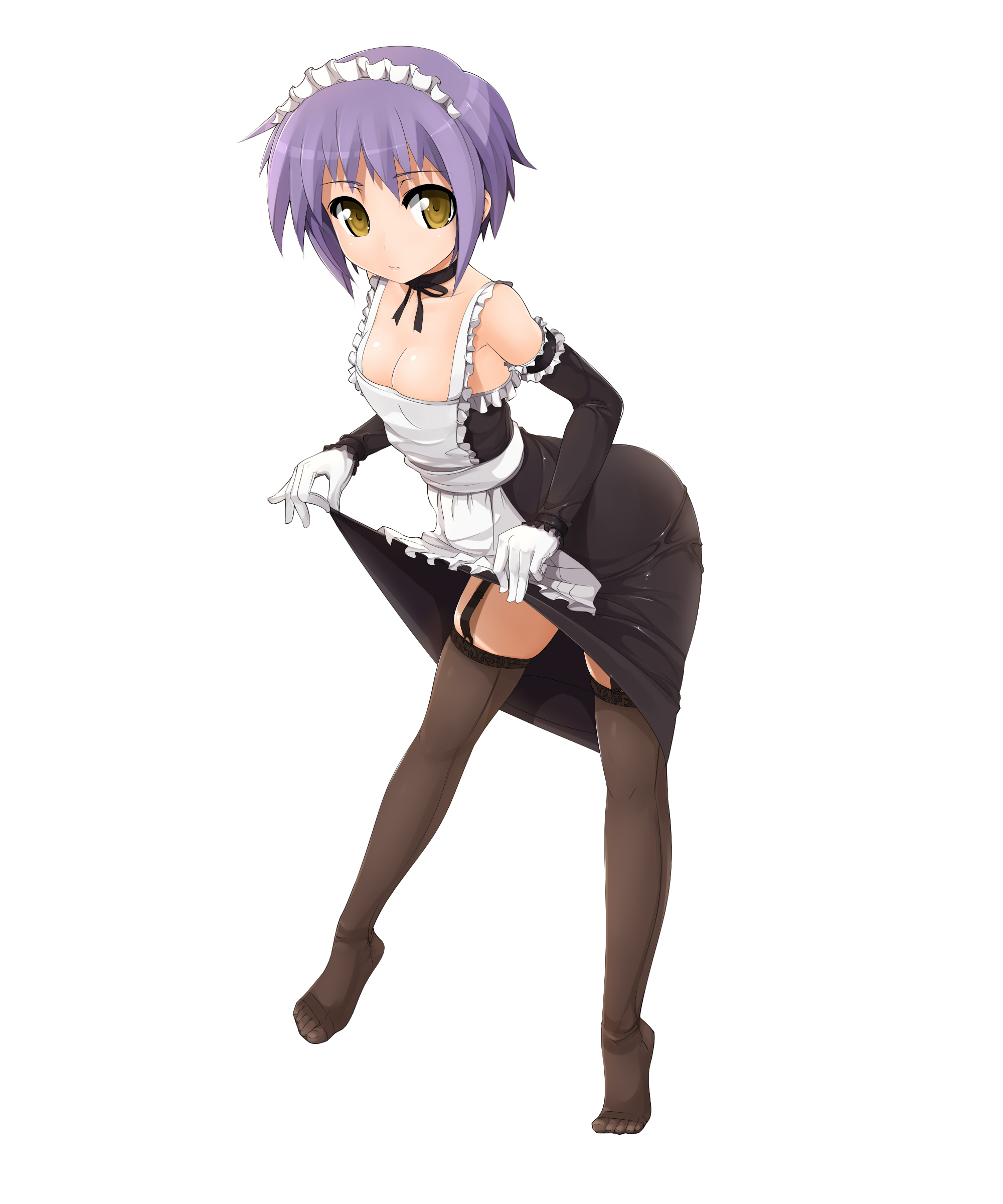potion (moudamepo), nagato yuki, suzumiya haruhi no yuuutsu, absurdres, highres, 00s, 1girl, arched back, ass, bare shoulders, bent over, breasts, choker, cleavage, clothes lift, dress, dress lift, elbow gloves, feet, female focus, full body, garter belt, garter straps, gloves, leaning forward, legs, looking at viewer, maid, purple hair, short hair, simple background, skirt, skirt lift, small breasts, solo, standing, thighhighs, tiptoes, toes, white background, yellow eyes