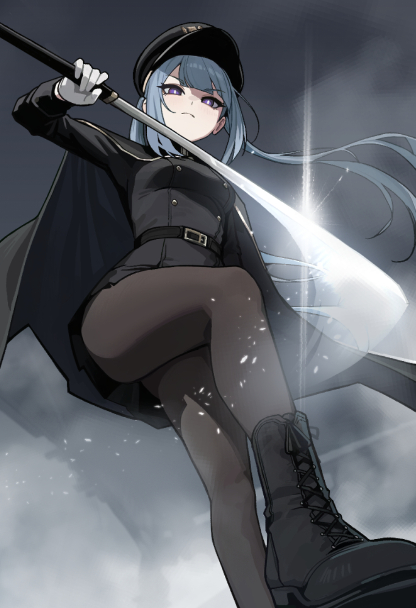 rusellunt, portia (gogalking), original, highres, 1girl, belt, black belt, black boots, black cape, black hat, black jacket, black pantyhose, blue hair, blunt bangs, boots, breasts, bright pupils, cape, closed mouth, floating hair, foot out of frame, from below, glint, gloves, hat, holding, holding sword, holding weapon, jacket, lace-up boots, light blush, long hair, looking at viewer, looking down, medium breasts, pantyhose, peaked cap, purple eyes, solo, standing, sword, weapon, white gloves, white pupils