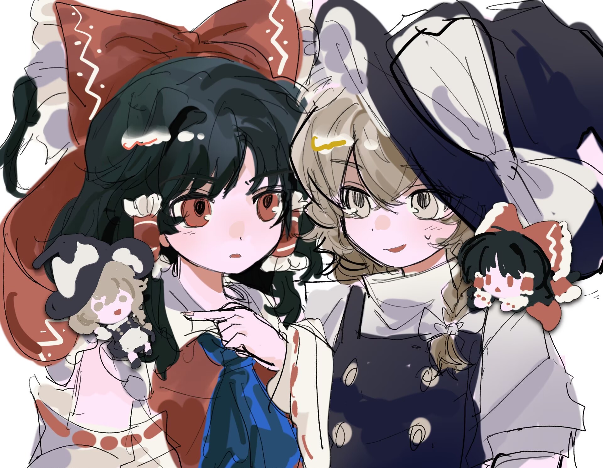 hakurei reimu, kirisame marisa, touhou, commentary request, highres, 2girls, ascot, black hair, black hat, black vest, blonde hair, blue ascot, bow, braid, detached sleeves, frilled bow, frilled hair tubes, frills, hair bow, hair tubes, hat, hat bow, kouyicha, long hair, multiple girls, open mouth, pointing, red bow, red eyes, ribbon-trimmed sleeves, ribbon trim, short sleeves, side braid, single braid, sketch, smile, sweatdrop, vest, white bow, witch hat, yellow eyes