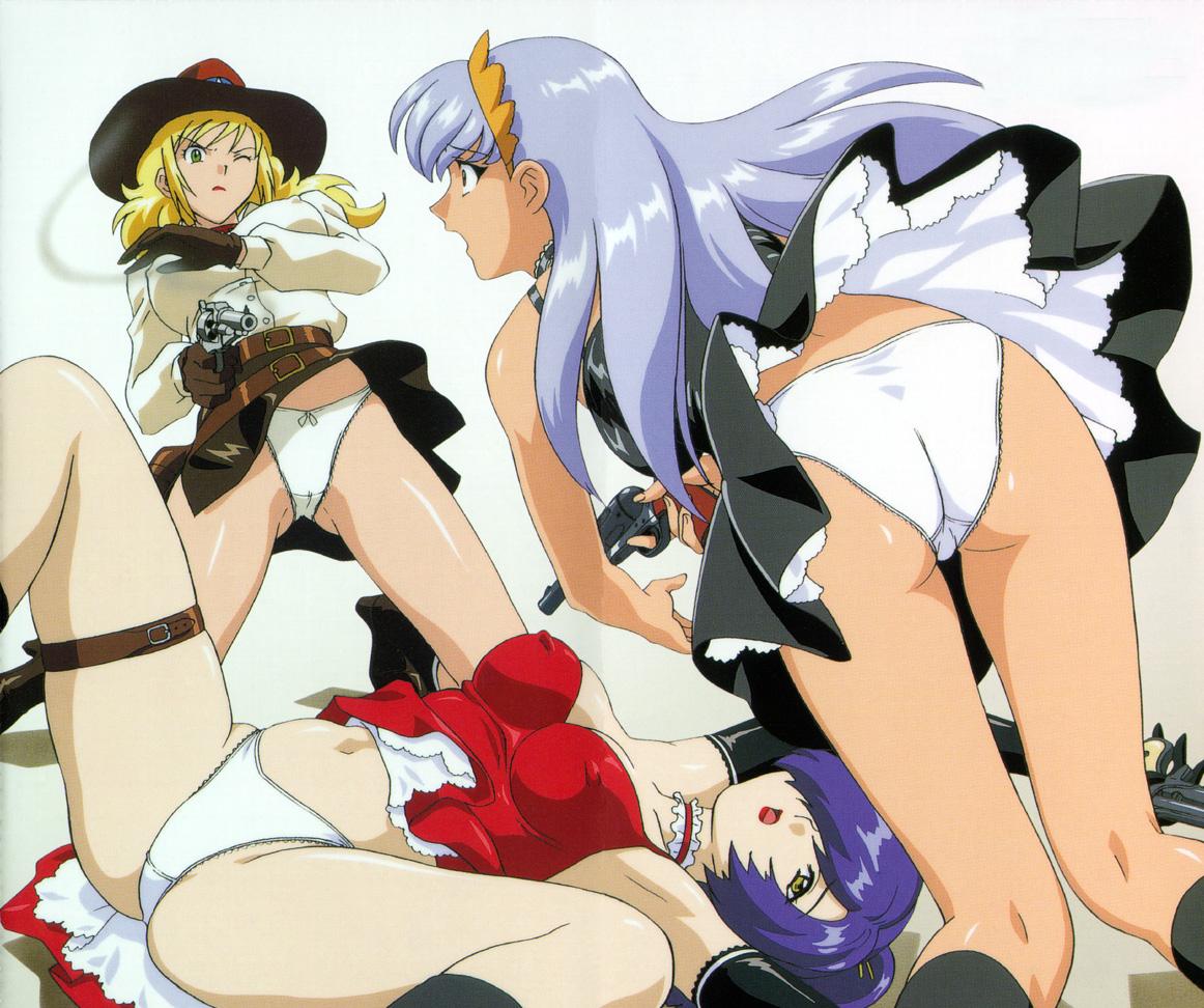 yamauchi noriyasu, carrie white, erola suppaatoka, nastassja nijinsky, honoo no labyrinth, silver hair, vehicle, scan, 00s, 3girls, :o, aiming, aiming at viewer, arm up, ass, bare shoulders, belt, belt skirt, bent over, black dress, black gloves, black skirt, black socks, blonde hair, blue hair, boots, bow, bow panties, break-action pistol, breasts, buckle, buttons, choker, cleavage, clothes lift, covered erect nipples, cowboy boots, cowboy hat, cowboy western, derringer, double-barreled pistol, dress, dress lift, elbow gloves, finger on trigger, frills, from behind, frown, gloves, green eyes, gun, hair ornament, hair over one eye, hair stick, handgun, hat, high heel boots, high heels, high ponytail, holding, holding gun, holding weapon, holster, impossible clothes, kneehighs, kneeling, lace, lace-trimmed panties, lace trim, large breasts, legs apart, lipstick, long hair, long sleeves, looking at viewer, looking to the side, lying, maid, maid headdress, makeup, midriff, military, military vehicle, miniskirt, motor vehicle, multiple-barrel gun, multiple belts, multiple girls, navel, on back, one eye closed, open mouth, over-and-under-barreled pistol, panties, pantyshot, pencil skirt, petticoat, pistol, pocket pistol, ponytail, profile, purple hair, raised eyebrows, red dress, red lips, revolver, serious, shadow, shirt, short dress, short hair, simple background, skindentation, skirt, skirt lift, smoke, smoking barrel, socks, spread legs, tan, tank, thigh strap, tiara, underwear, upskirt, v-shaped eyebrows, wavy hair, weapon, white background, white panties, wide-eyed, wind, wind lift, yellow eyes