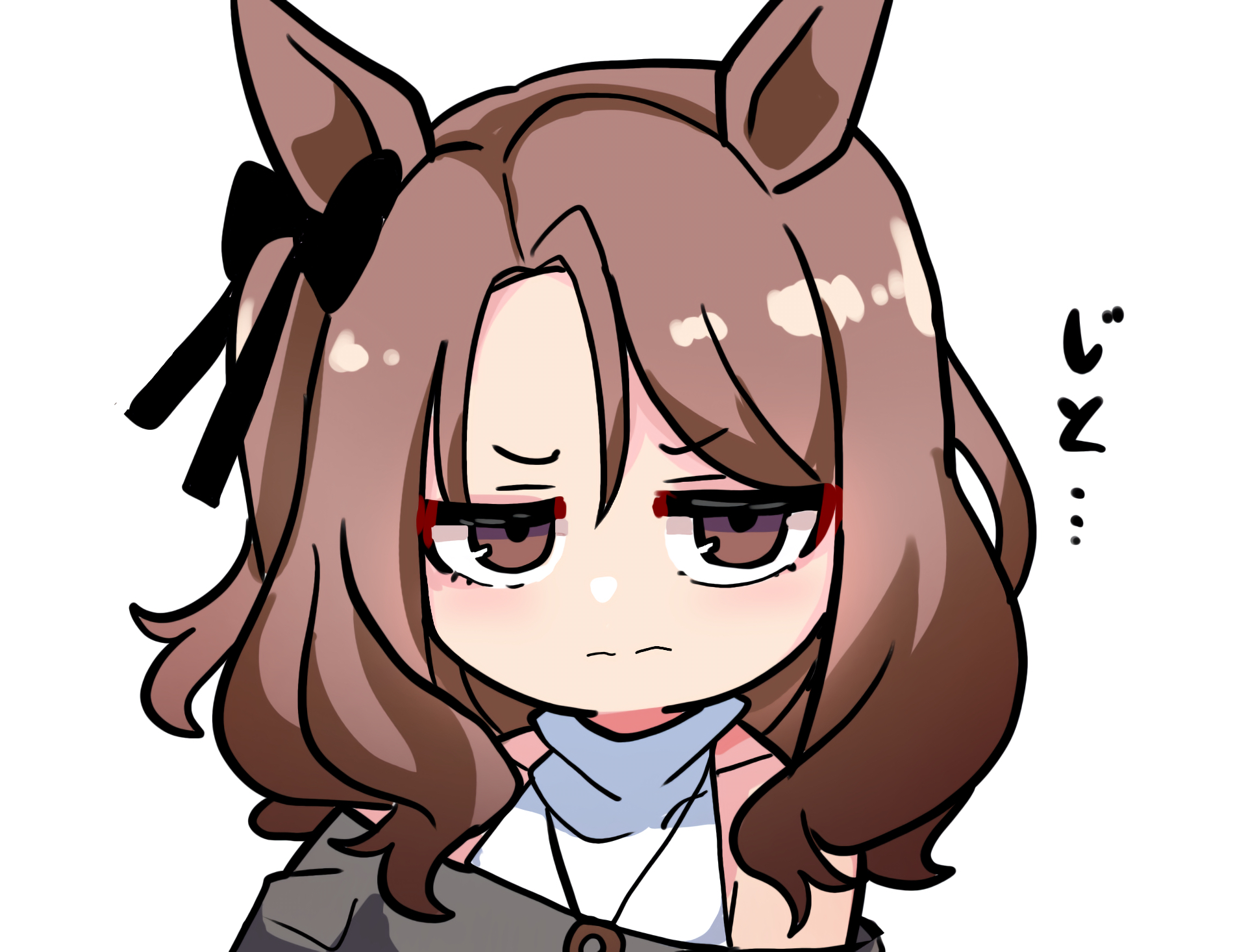 kawamochi (tddm3573), king halo (umamusume), umamusume, highres, translation request, 1girl, animal ears, bare shoulders, black bow, bow, brown eyes, brown hair, closed mouth, grey shirt, hair between eyes, hair bow, half-closed eyes, horse ears, long hair, looking at viewer, off-shoulder shirt, off shoulder, one side up, parted bangs, shirt, simple background, sleeveless, sleeveless shirt, solo, turtleneck, turtleneck shirt, upper body, v-shaped eyebrows, white background, white shirt