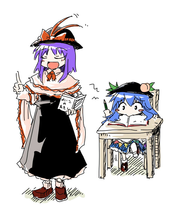 harunatsu akito, hinanawi tenshi, nagae iku, touhou, 2girls, :>, blue hair, book, capelet, closed eyes, female focus, food, fruit, hat, leaf, multiple girls, peach, pencil, purple hair, school, teaching