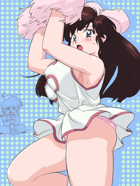 mage (harumagedon), kuonji ukyou, saotome ranma, ranma 1/2, 1girl, arms up, ass, bare shoulders, black eyes, blood, blush, bouncing breasts, bow, breasts, brown hair, cheerleader, clothes lift, hair ornament, large breasts, legs, long hair, looking at viewer, nosebleed, open mouth, panties, pink panties, sitting, skirt, skirt lift, standing, thighs, underwear, upskirt