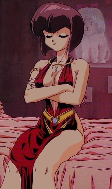 nakajima atsuko, tendou nabiki, ranma 1/2, ranma 1/2 kessen tougenkyou! hanayome wo torimodose!, screencap, anime screenshot, stitched, third-party edit, 1girl, bob cut, breasts, brown hair, cleavage, covered erect nipples, crossed arms, dress, large breasts, red dress, revealing clothes, short hair, sitting, wide hips