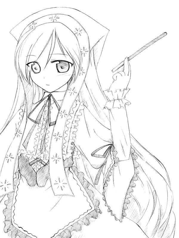 takami ryou, suiseiseki, rozen maiden, 00s, 1girl, female focus, food, frills, greyscale, monochrome, pocky, solo