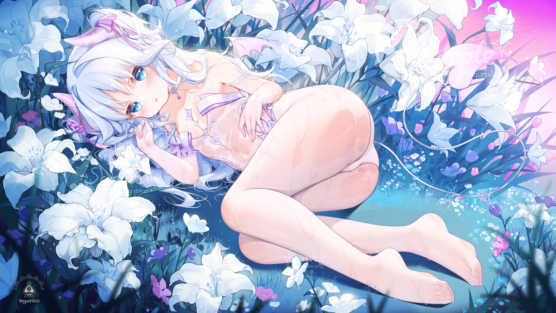 suaynnai wanzi, original, flower request, highres, 1girl, artist logo, artist name, bare shoulders, blue eyes, blush, bodystocking, breasts, cameltoe, choker, demon girl, demon horns, demon tail, demon wings, elbow gloves, flower, gloves, hair ribbon, horns, jewelry, logo, long hair, lying, mini wings, navel, on side, outdoors, panties, parted lips, pendant, pendant choker, pink horns, pink ribbon, pink wings, purple ribbon, ribbon, ribbon as bra, sample watermark, see-through bodystocking, see-through clothes, see-through gloves, small breasts, solo, tail, underwear, watermark, wet, wet clothes, white choker, white flower, white hair, white panties, white ribbon, wings