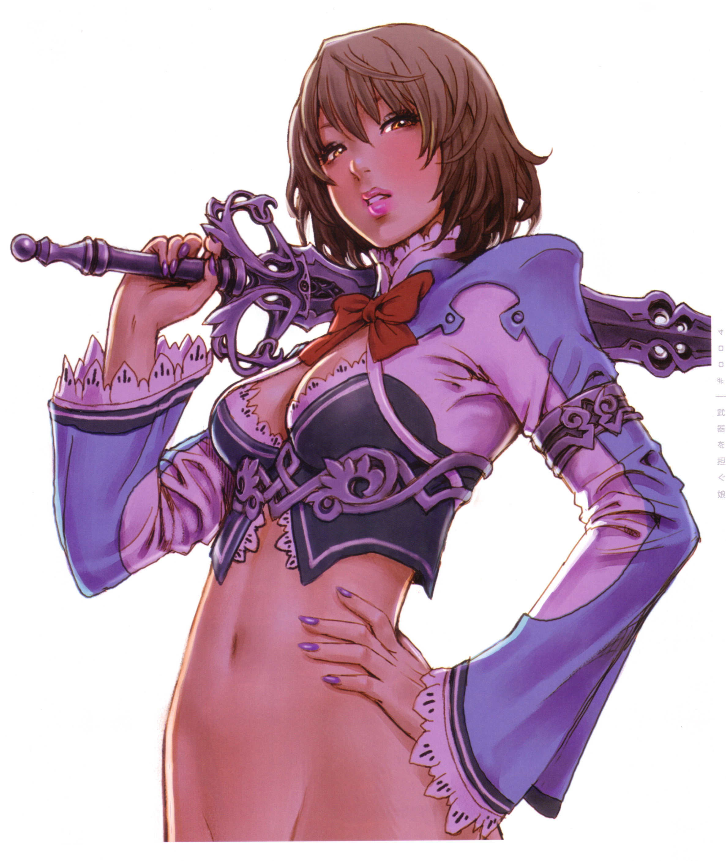 yamashita shun'ya, wild flower, absurdres, highres, 1girl, armlet, backlighting, bottomless, breasts, brown hair, cleavage, female focus, groin, jewelry, lipstick, long sleeves, makeup, nail polish, navel, out-of-frame censoring, parted lips, purple nails, short hair, solo, sword, weapon