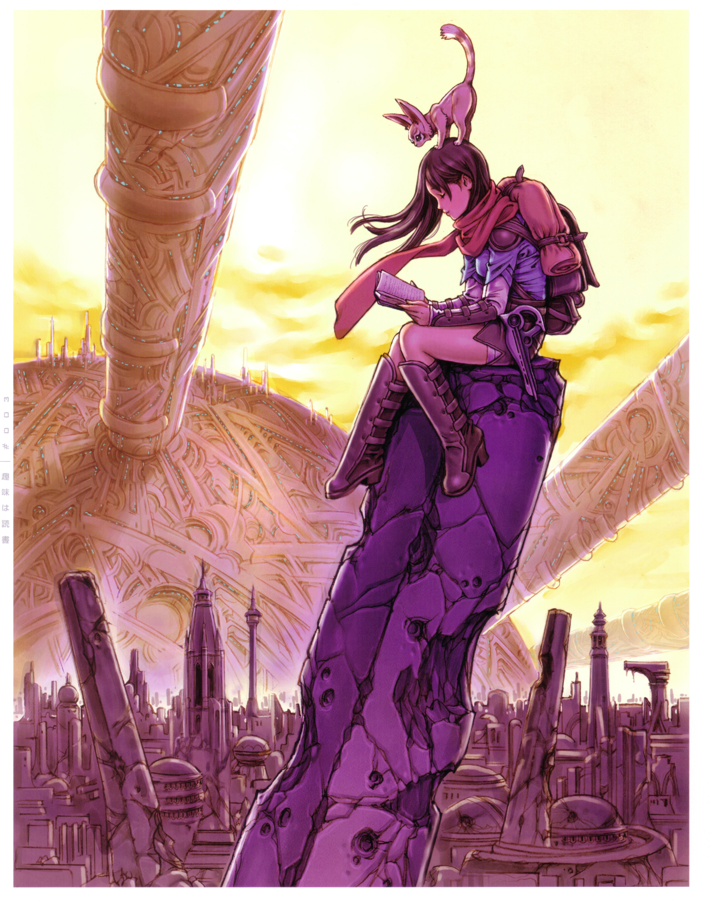 yamashita shun'ya, wild flower, absurdres, highres, scan, 1girl, animal, animal on head, backpack, bag, book, boots, cat, city, closed eyes, female focus, high heels, knee boots, long hair, miniskirt, object on head, on head, open book, outdoors, randoseru, reading, ruins, scarf, shoes, sitting, skirt, sky, smile, solo, sunset, wind