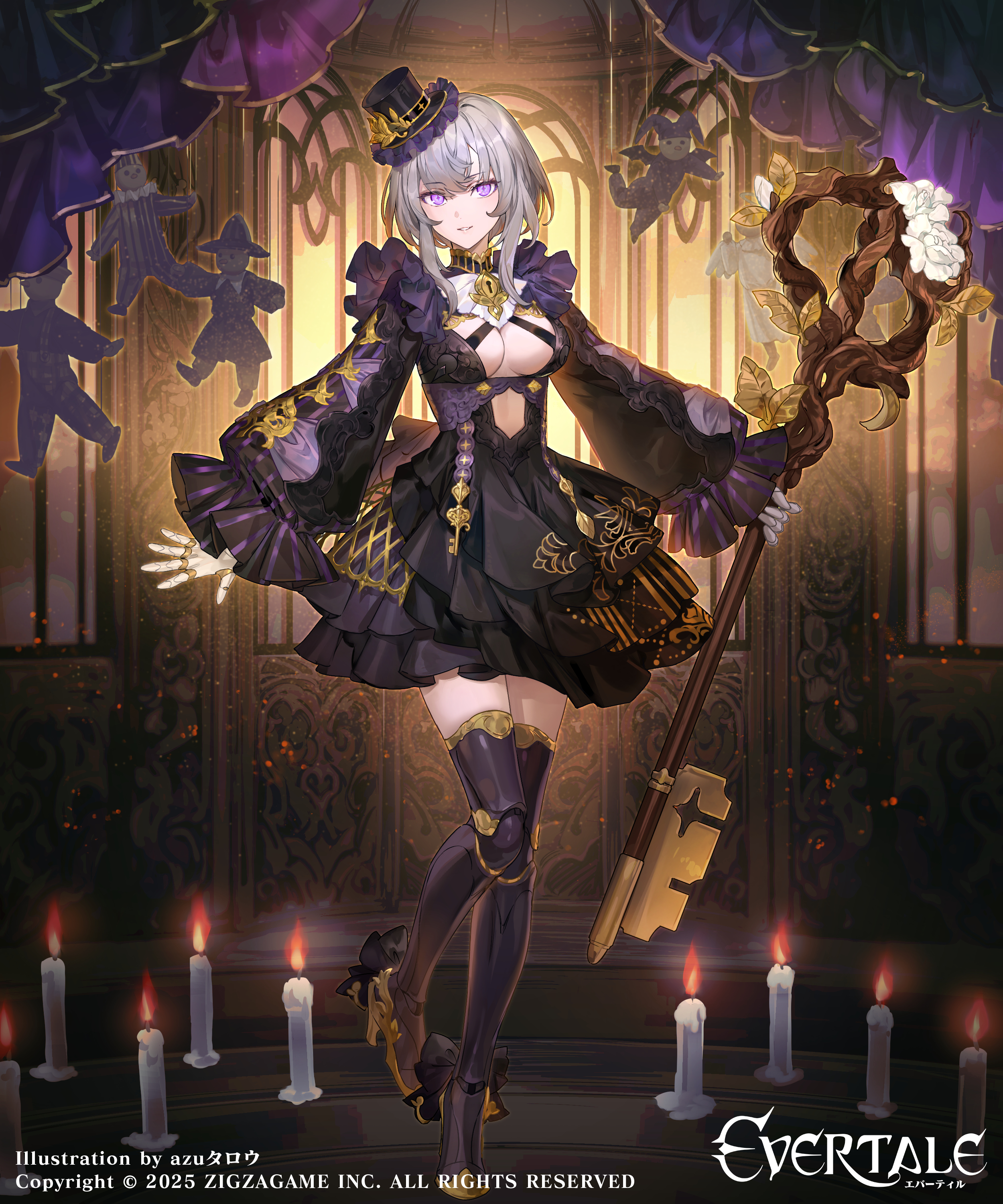 azu-taro, evertale, original, absurdres, highres, official art, breasts, candle, cleavage, doll, doll joints, gothic lolita, grey hair, joints, key, keyhole, lolita fashion, looking at viewer, medium breasts, purple eyes, skirt