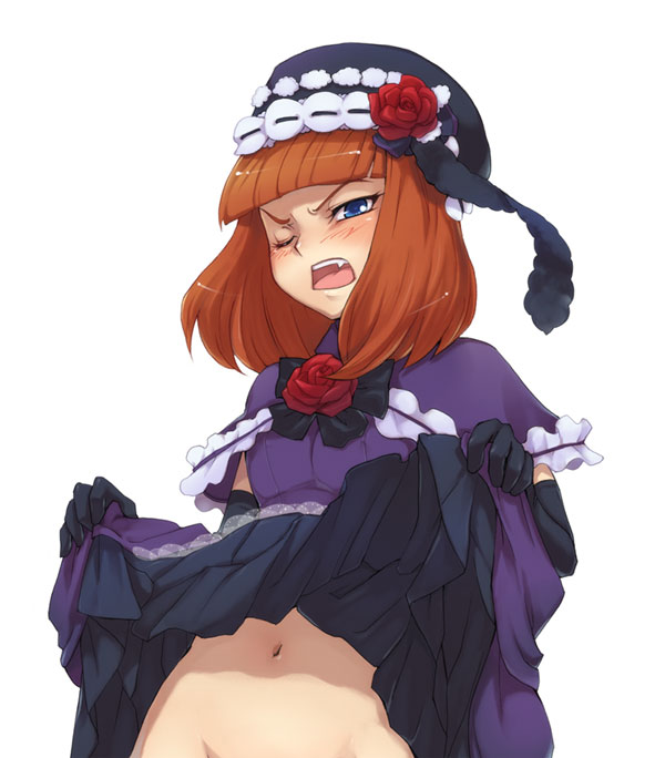 uminchu, yukitsuki hisa, eva beatrice, umineko no naku koro ni, 00s, 1girl, angry, blue eyes, blunt bangs, clothes lift, elbow gloves, fang, female focus, flower, gloves, hat, midriff, navel, no panties, one eye closed, orange hair, rose, skirt, skirt lift, solo, wink