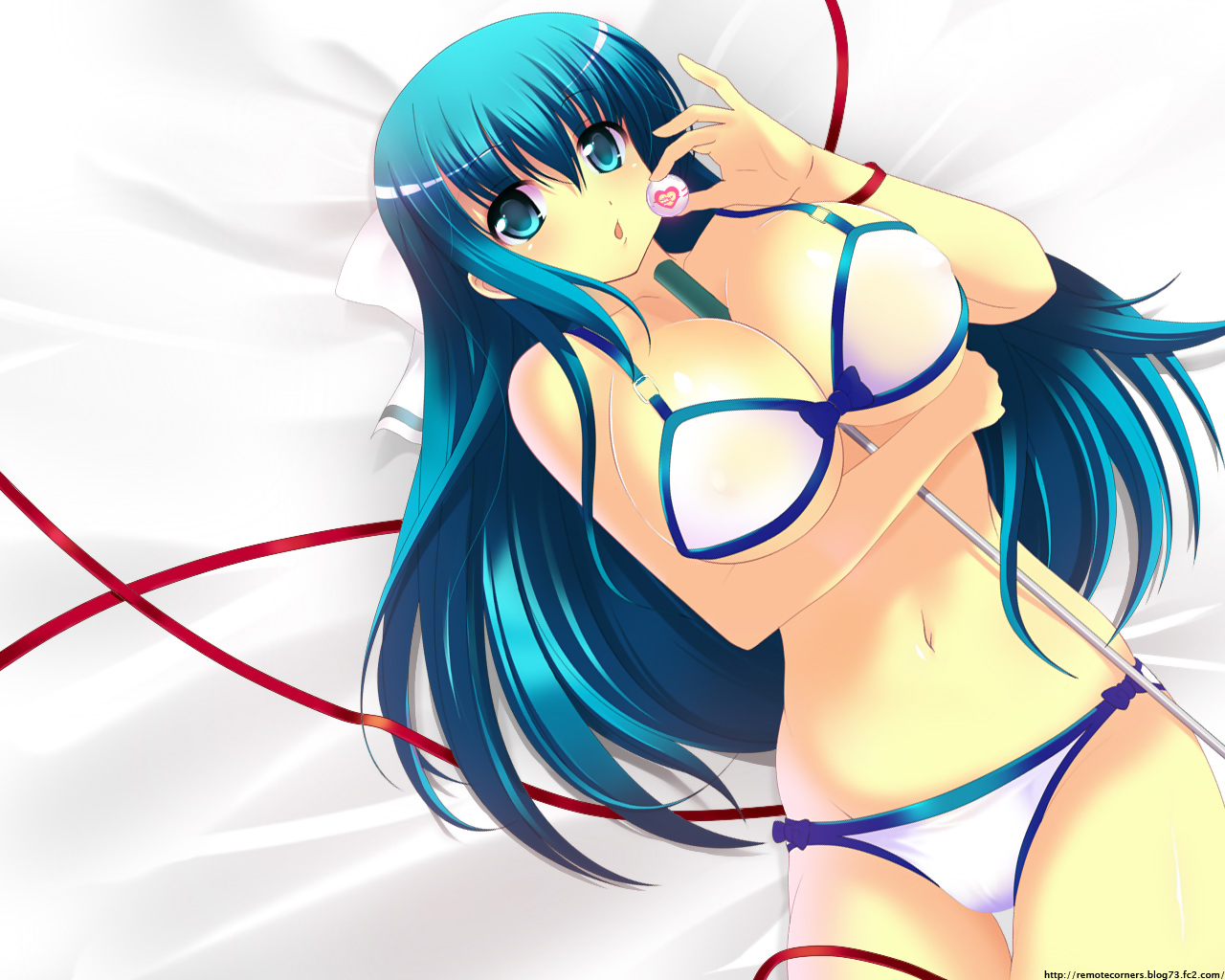 kyoku tou, arin (pangya), pangya, 1girl, ball, between breasts, bikini, blue eyes, blue hair, blush, bow, breasts, female focus, golf club, huge breasts, long hair, matching hair/eyes, ribbon, solo, swimsuit, white bikini
