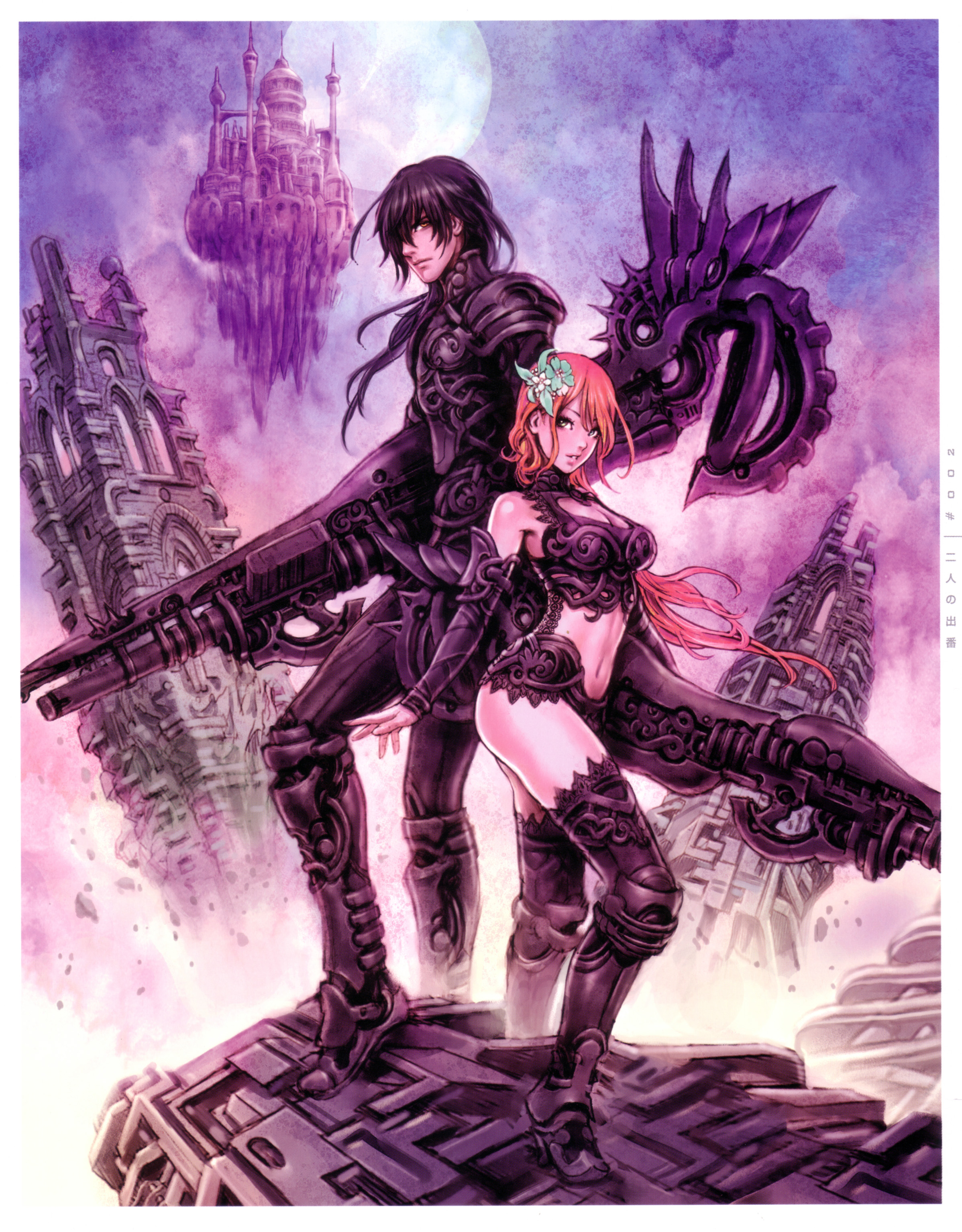 yamashita shun'ya, wild flower, absurdres, highres, scan, 1boy, 1girl, back-to-back, black hair, boots, breasts, castle, cleavage, detached sleeves, flower, gradient hair, green eyes, gun, hair flower, hair ornament, hair over one eye, huge weapon, long hair, midriff, moon, multicolored hair, pink eyes, pink hair, rifle, sky, standing, thighhighs, turtleneck, very long hair, weapon, wind