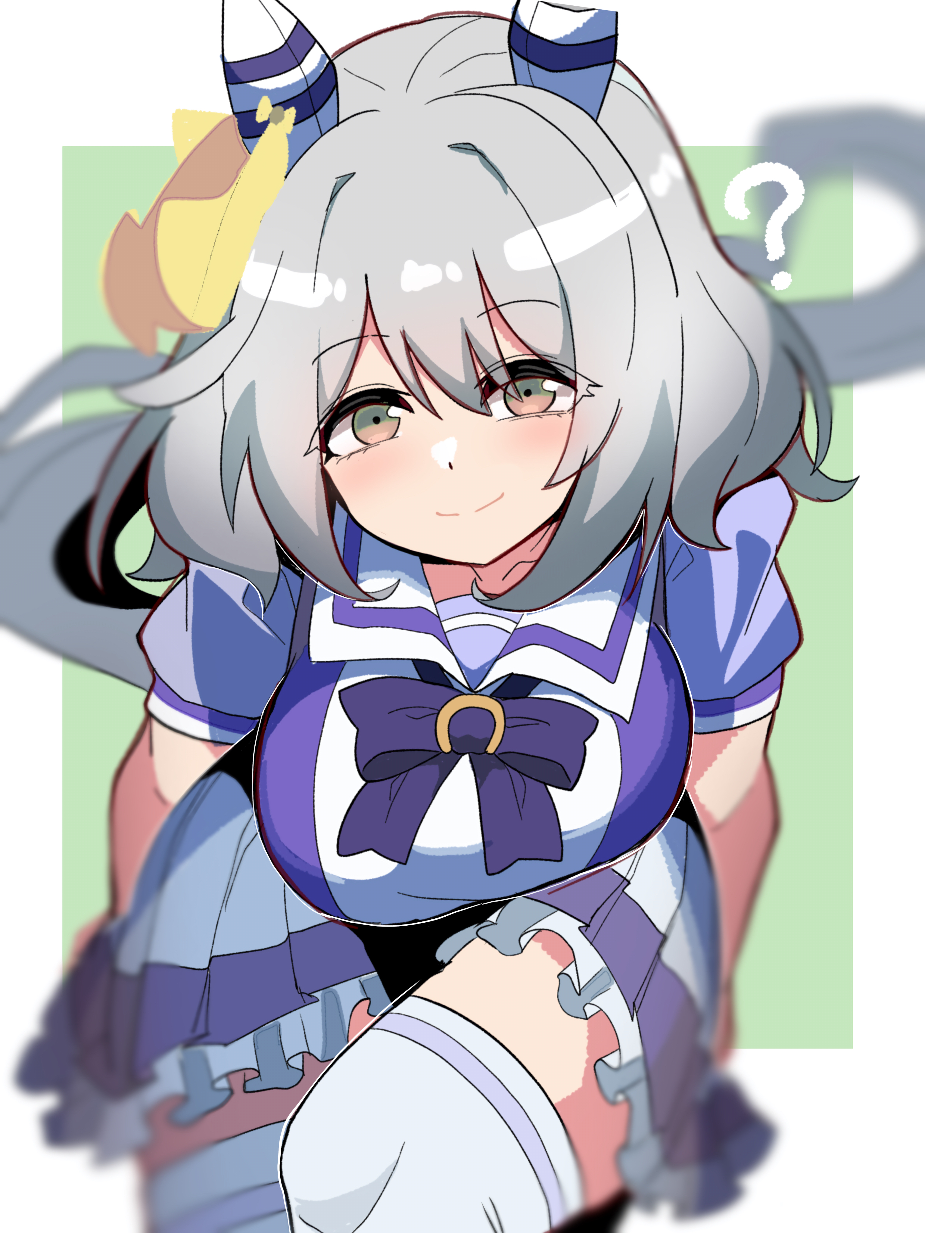 kawamochi (tddm3573), hishi miracle (umamusume), umamusume, absurdres, highres, 1girl, ?, border, bow, breasts, brown eyes, closed mouth, frilled skirt, frills, green background, grey hair, horse girl, large breasts, looking at viewer, pleated skirt, puffy short sleeves, puffy sleeves, purple bow, purple shirt, school uniform, shirt, short sleeves, skirt, smile, solo, thighhighs, tracen school uniform, white border, white skirt, white thighhighs