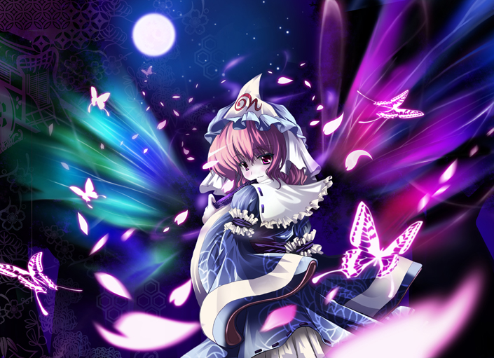 kurume shou, saigyouji yuyuko, touhou, bad id, bad pixiv id, 1girl, bug, butterfly, female focus, gradient background, hat, insect, moon, outdoors, pink hair, red eyes, short hair, sky, solo