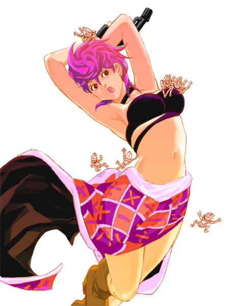 sex pistols (stand), trish una, jojo no kimyou na bouken, vento aureo, homunculus, 1girl, armpits, arms behind head, boots, breasts, brown eyes, female focus, gun, lipstick, makeup, midriff, navel, pink hair, simple background, skirt, solo, stand (jojo), weapon, white background
