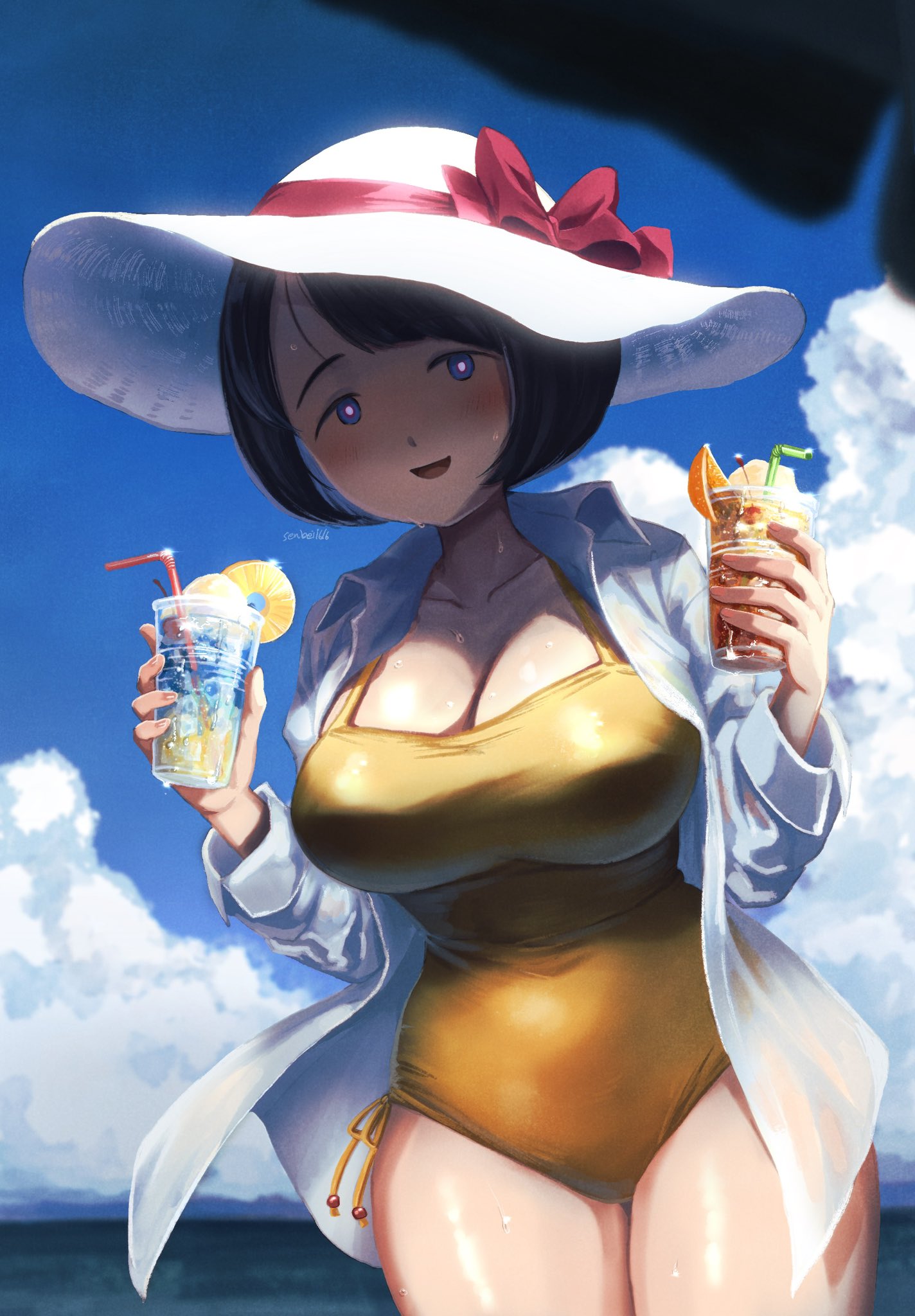 agesen, shiiko sugai, gundam, gundam gquuuuuux, 1girl, alternate costume, black hair, blue eyes, bob cut, breasts, large breasts, mature female, no sclera, one-piece swimsuit, short hair, solo, swimsuit
