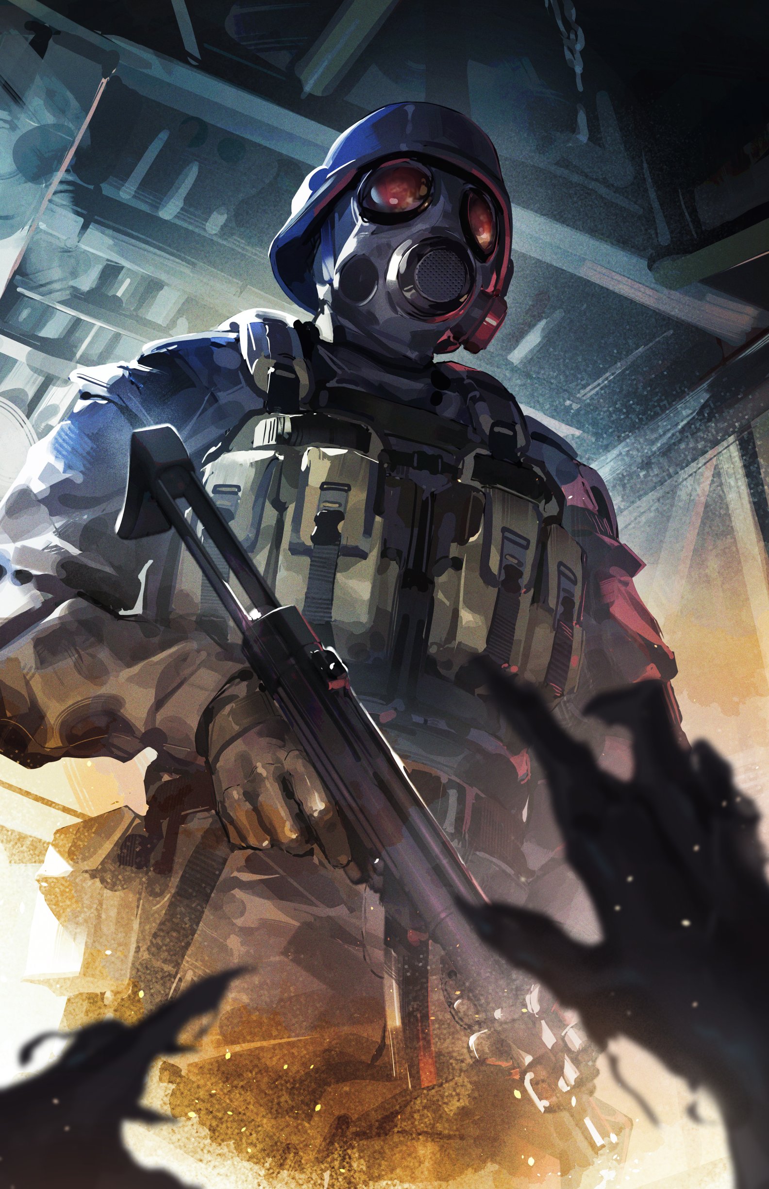 kuno (runkunochan), hunk (resident evil), resident evil, resident evil 2, absurdres, commentary, commission, english commentary, highres, 1boy, black gloves, black jacket, black pants, camouflage, camouflage jacket, combat helmet, cowboy shot, embers, from below, gas mask, gloves, gun, h&k mp5, helmet, holding, holding gun, holding weapon, jacket, load bearing vest, long sleeves, male focus, mask, military combat uniform, military uniform, pants, pov, pov hands, solo focus, standing, submachine gun, tactical clothes, weapon