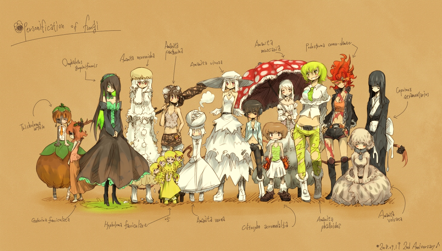 oso (toolate), amanita fuliginea, amanita muscaria, amanita neoovoidea, amanita pantherina, amanita phalloides, amanita verna, amanita virosa, amanita volvata, clitocybe acromelalga, coprinopsis atramentaria, coprinus atramentarius, galerina fasciculata, hypholoma fasciculare, omphalotus guepiniformis, omphalotus japonicus, paralepistopsis acromelalga, podostroma cornu-damae, tricholoma ustale, original, oso-teki kinoko gijinka zukan, annotated, 6+girls, albino, blonde hair, boots, breasts, brown eyes, brown hair, chibi, cleavage, closed eyes, coat, detached sleeves, dress, glasses, gloves, green eyes, green hair, hair over one eye, hat, headphones, japanese clothes, jewelry, kimono, long hair, medium breasts, midriff, multiple girls, mushroom, necklace, necktie, orange hair, personification, red eyes, red hair, scarf, short hair, shorts, skirt, sleeveless, small breasts, smile, torn clothes, umbrella, white hair, wings