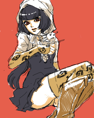 sugar mountain, jojo no kimyou na bouken, steel ball run, lowres, black hair, boots, doll, hood, long hair, oekaki, panties, red eyes, solo, thighhighs, underwear, voodoo doll