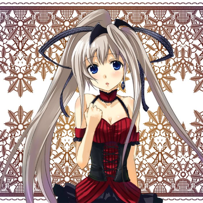 gin'ichi (akacia), ginichi, original, silver hair, 1girl, bare shoulders, blue eyes, choker, corset, female focus, hair ornament, long hair, solo