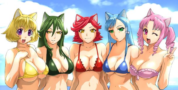 5girls, animal ears, bikini, blonde hair, blue hair, breasts, cat ears, cat girl, cleavage, drill hair, female focus, green eyes, green hair, lineup, long hair, multiple girls, ocean, outdoors, pink eyes, pink hair, purple eyes, red hair, short hair, sky, smile, swimsuit, upper body, wink, yellow eyes