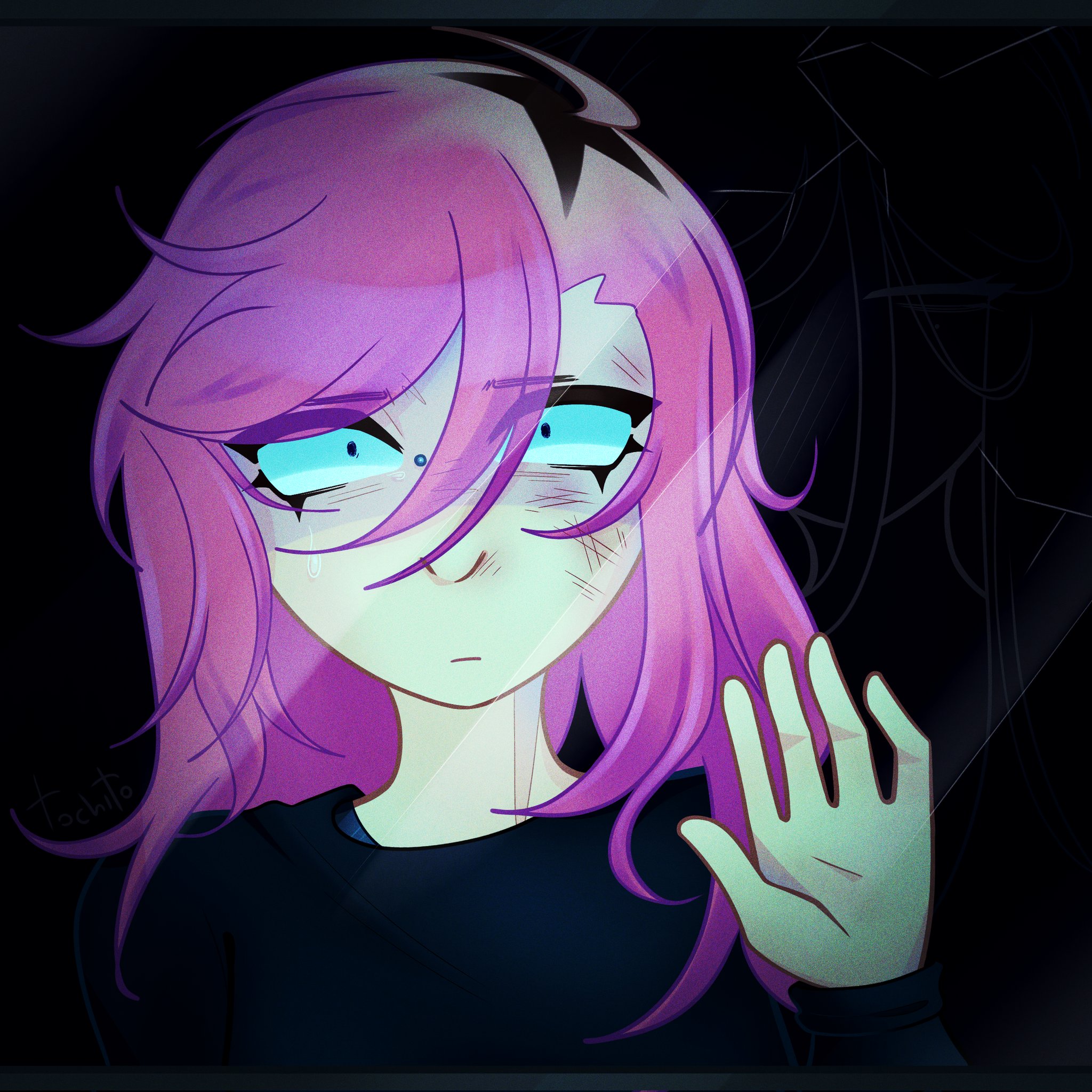 aubrey (omori), omori, highres, 1girl, black shirt, blue eyes, hand up, long hair, nose, pink hair, shirt, tochochocho