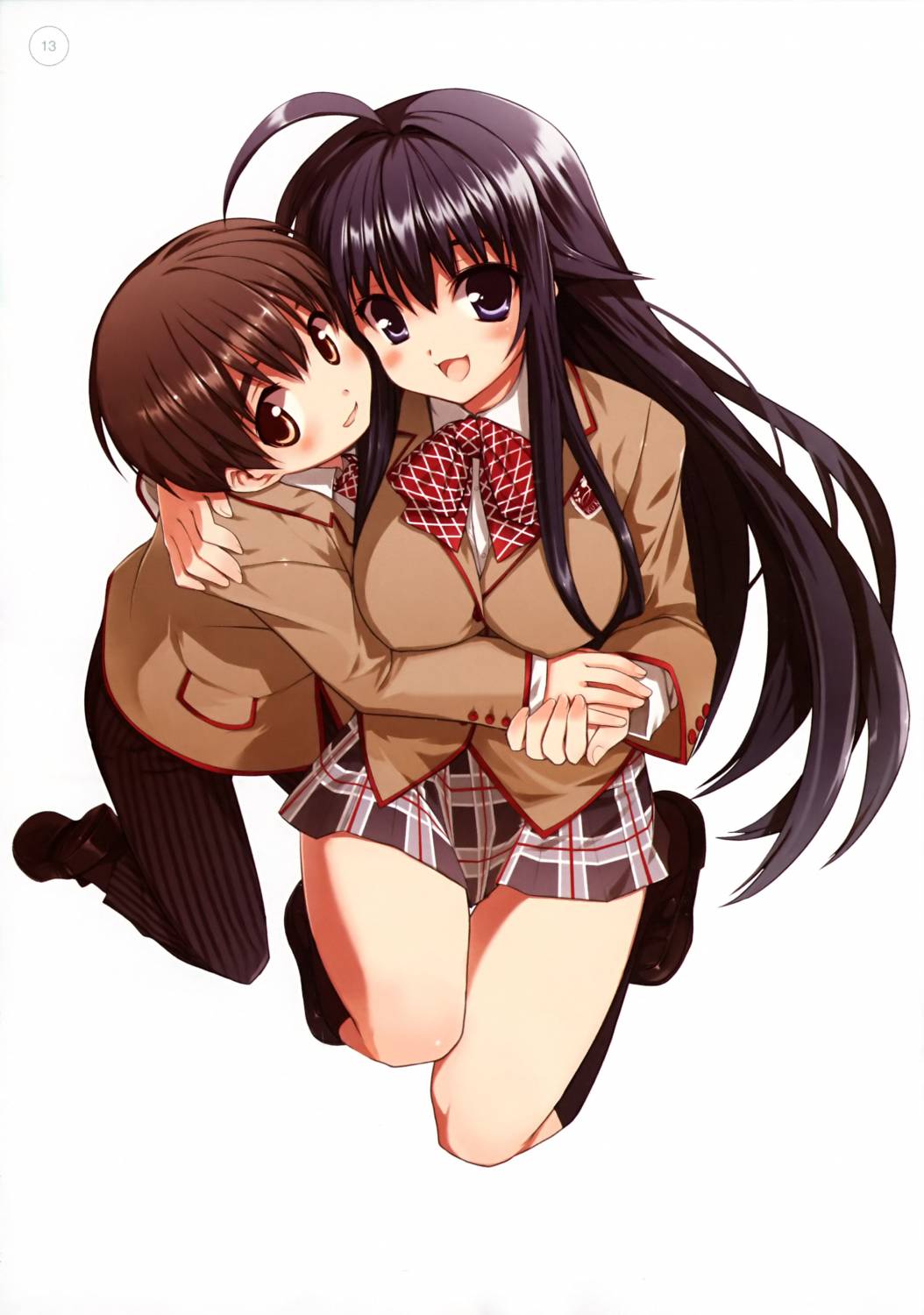 koin (foxmark), minamoto chizuru, oyamada kouta, kanokon, hand on shoulder, highres, 00s, 1boy, 1girl, ahoge, black hair, blazer, blush, bow, bowtie, breasts, brown eyes, brown hair, couple, from above, hetero, holding hands, hug, jacket, kneehighs, kneeling, large breasts, loafers, long hair, open mouth, plaid clothes, plaid skirt, purple eyes, school uniform, shoes, sitting, skirt, smile, socks