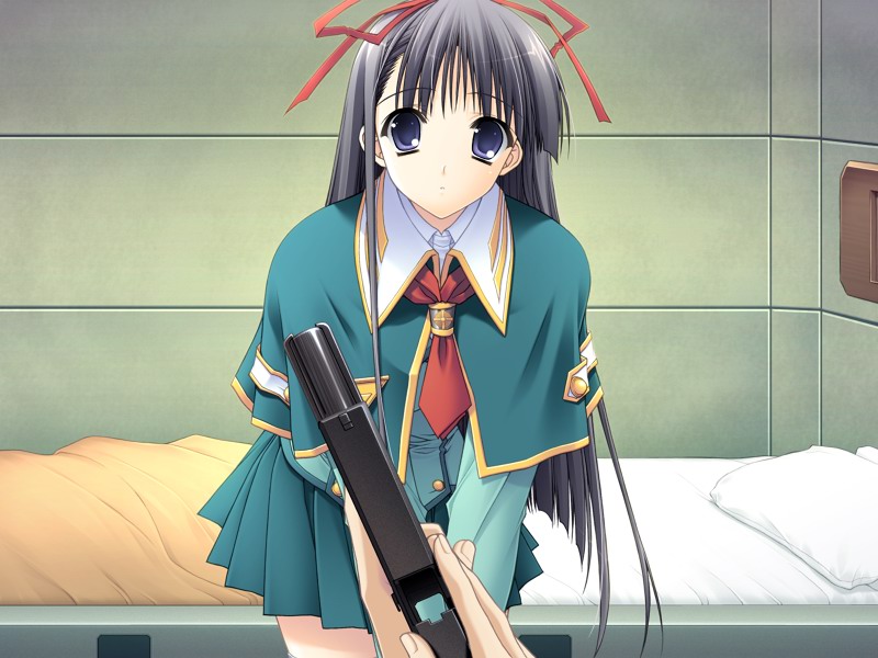 suzuhira hiro, nagase sayaka, soul link, uniform, game cg, 00s, 1girl, bed, black hair, cocking gun, glock, gun, hair ribbon, handgun, long hair, necktie, pistol, pov, ribbon, semi-automatic pistol, skirt, solo focus, weapon