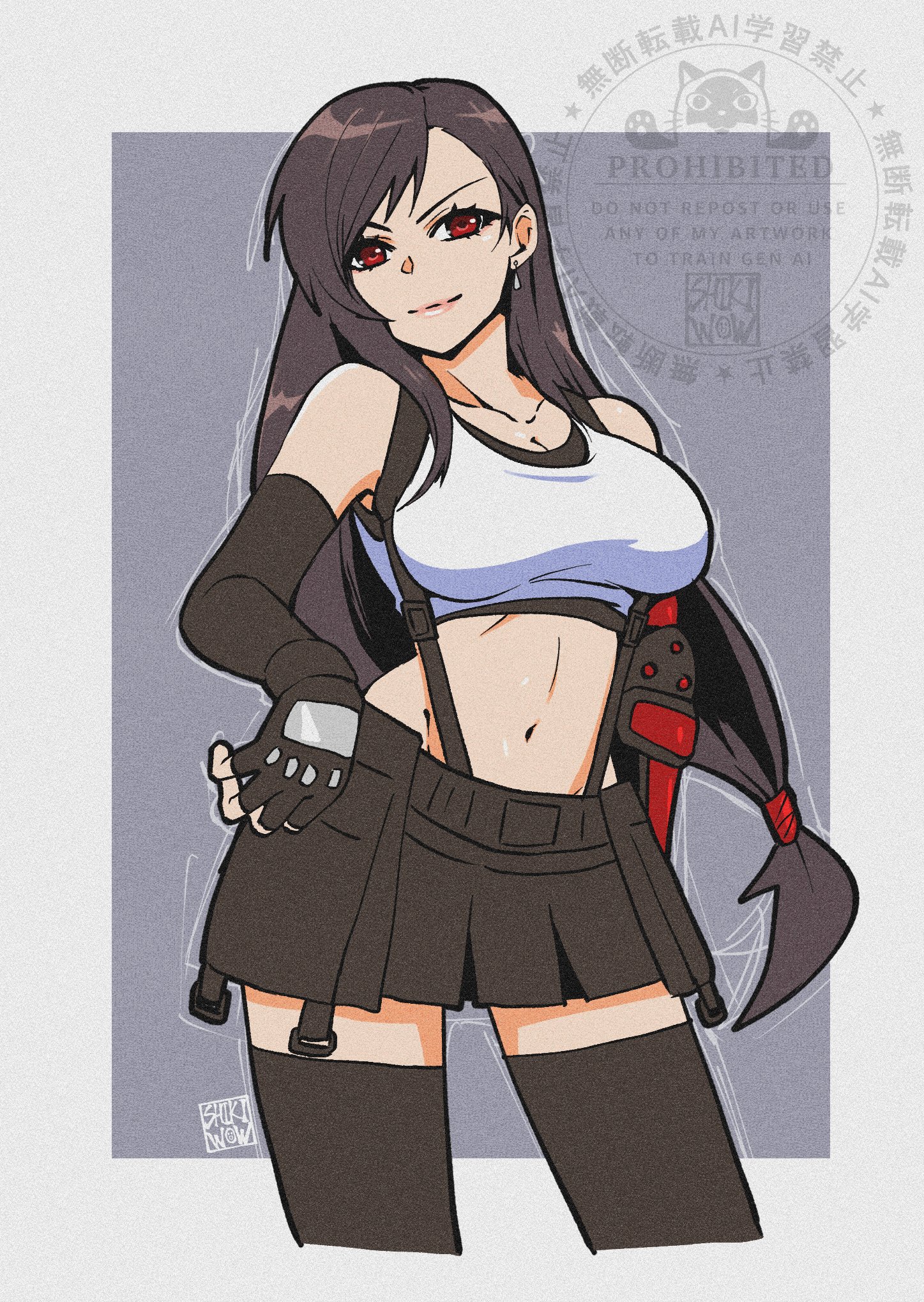 shikiwo, tifa lockhart, final fantasy, final fantasy vii, final fantasy vii remake, commentary request, highres, 1girl, bare shoulders, black gloves, black hair, black skirt, black thighhighs, breasts, closed mouth, collarbone, cowboy shot, crop top, cropped legs, earrings, elbow gloves, film grain, fingerless gloves, gloves, jewelry, large breasts, lips, long hair, looking at viewer, low-tied long hair, midriff, miniskirt, navel, pink lips, red eyes, signature, single earring, skirt, solo, suspender skirt, suspenders, tank top, thighhighs, watermark, white tank top, zettai ryouiki