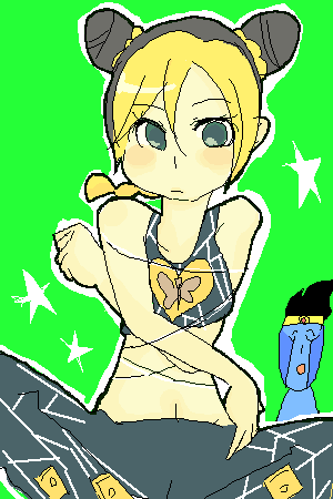kuujou jolyne, star platinum, jojo no kimyou na bouken, stone ocean, lowres, 1boy, 1girl, bare shoulders, double bun, entangled, green eyes, hair bun, midriff, multicolored hair, oekaki, stand (jojo), star (symbol), tied up (nonsexual)