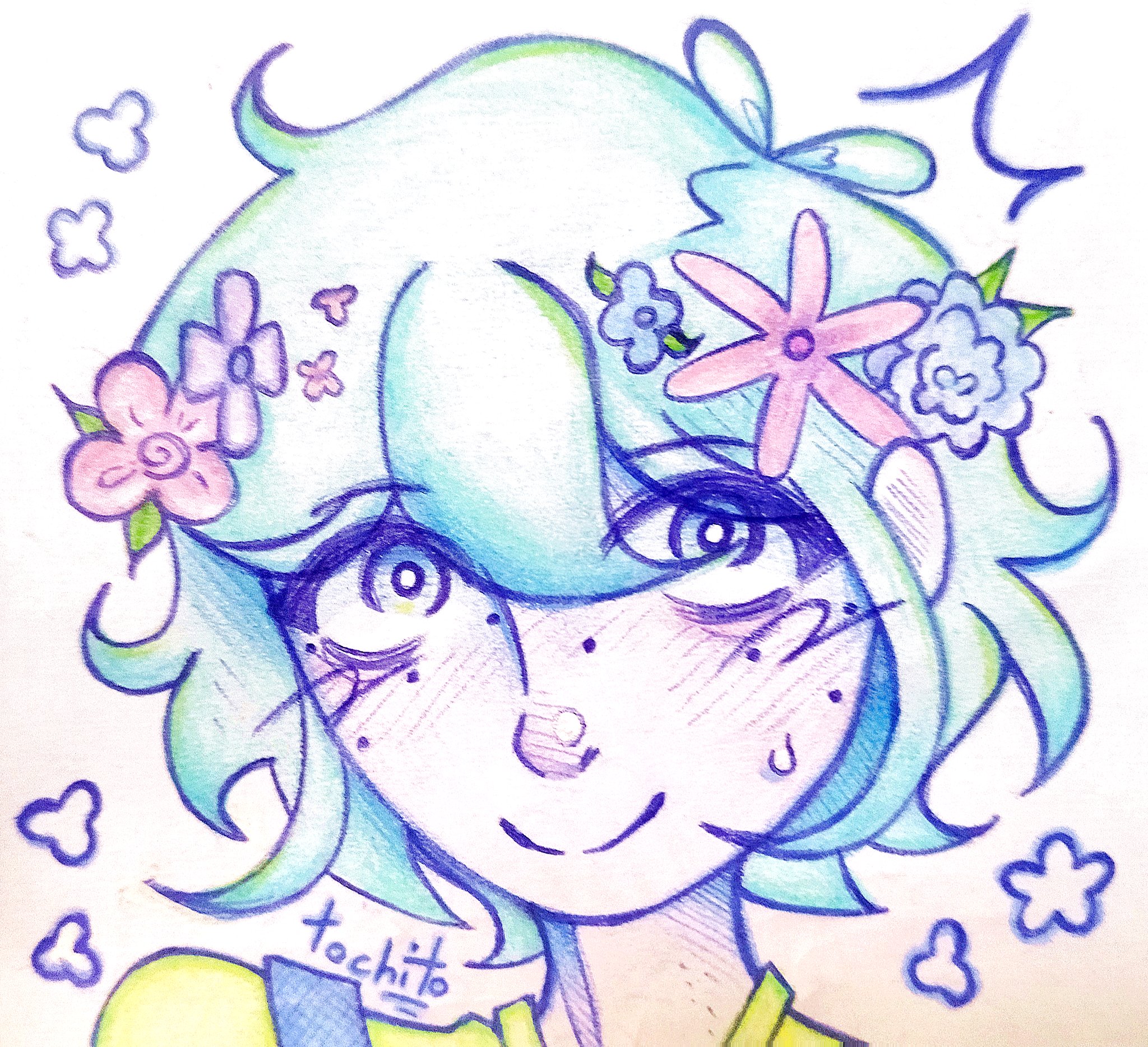 basil (headspace) (omori), basil (omori), omori, highres, blue eyes, blush, flower, green hair, green shirt, head wreath, overalls, shirt, simple background, smile, sweat, tochochocho