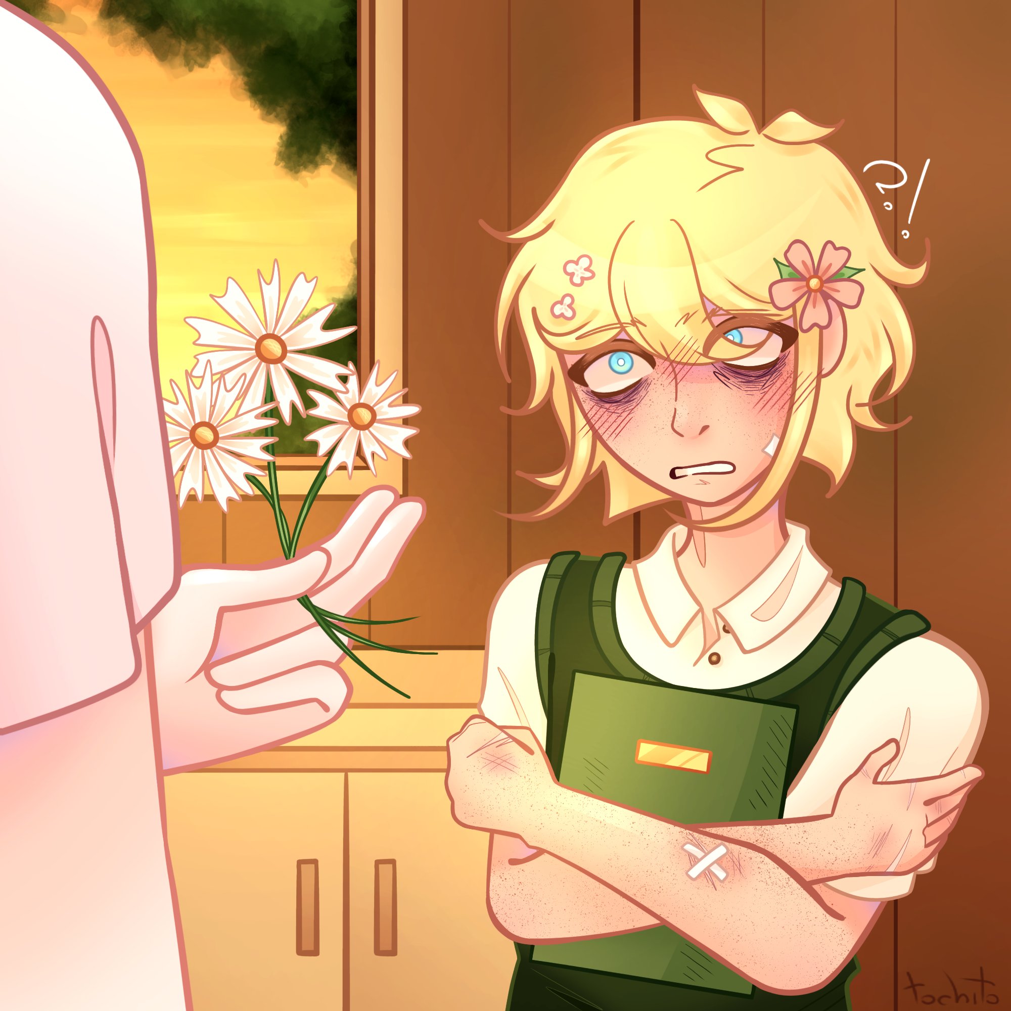 basil (faraway) (omori), basil (omori), omori, highres, !?, 2boys, blonde hair, blush, flower, green vest, multiple boys, photo album, shirt, tochochocho, vest
